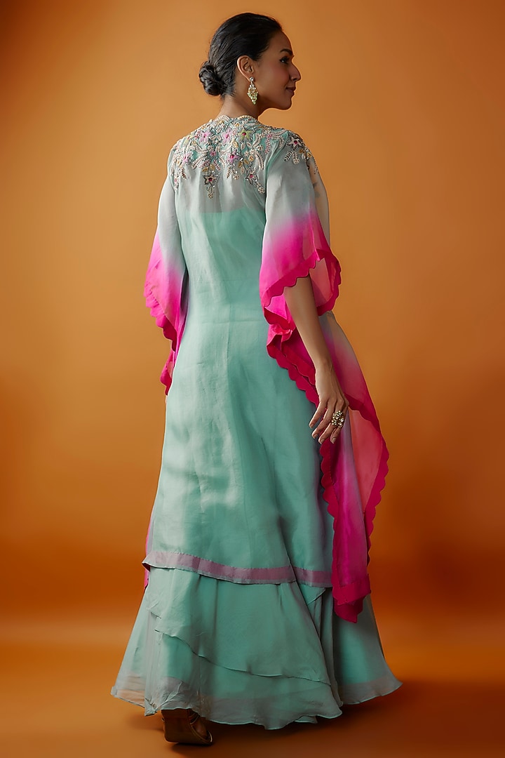 Aqua & Rani Pink Satin Organza Engagement Gown With Cape by Ojasvini at Pernia's Pop Up Shop
