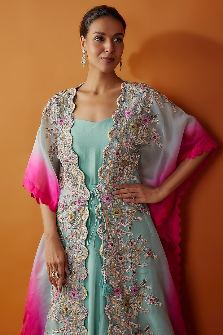 Aqua & Rani Pink Satin Organza Engagement Gown With Cape by Ojasvini at Pernia's Pop Up Shop
