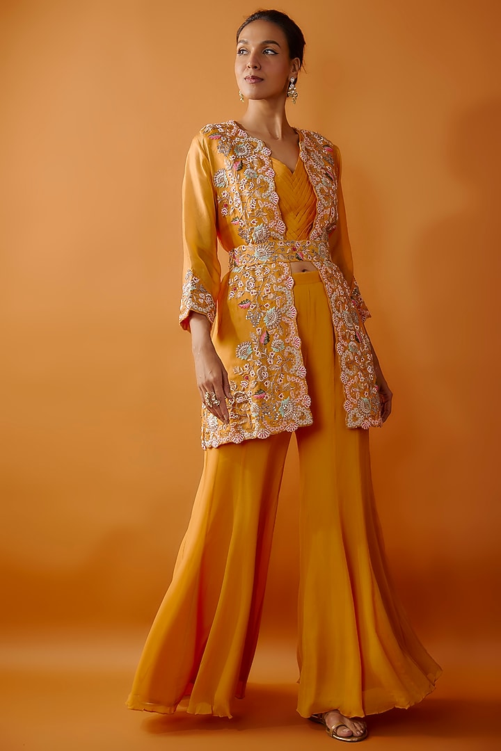Yellow Silk & Georgette Wedding Sharara Set by Ojasvini at Pernia's Pop Up Shop