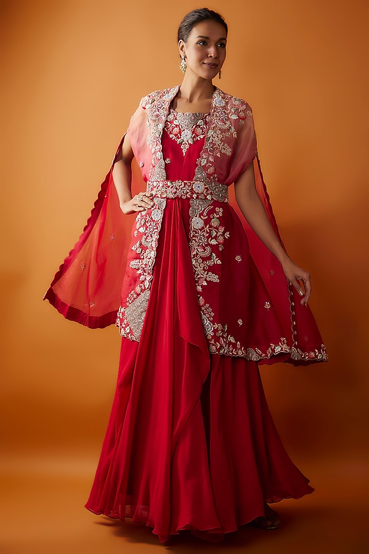 Red-Peach Georgette Hand Embroidered Ombre Gown With Cape by Ojasvini at Pernia's Pop Up Shop