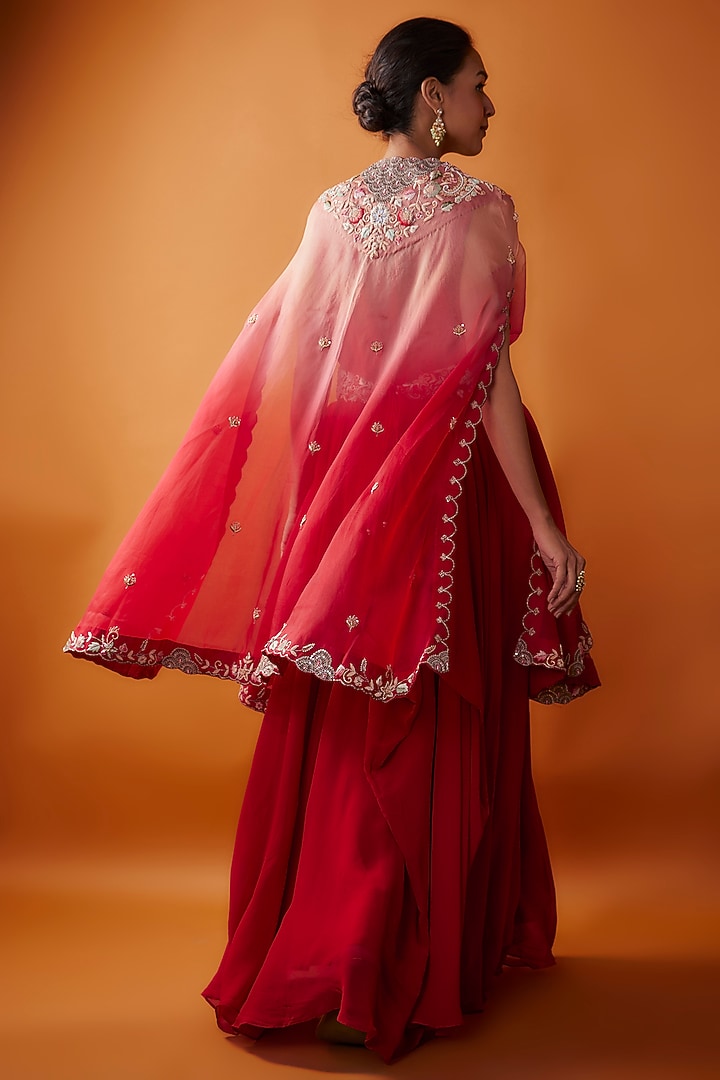Red-Peach Georgette Hand Embroidered Ombre Engagement Gown With Cape by Ojasvini at Pernia's Pop Up Shop