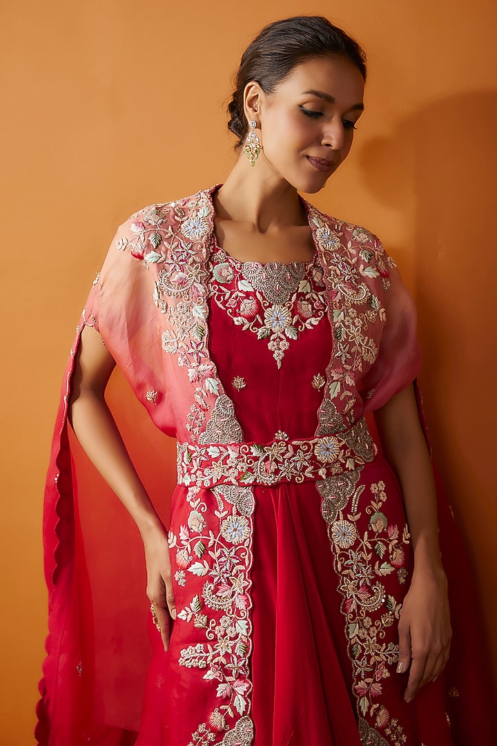 Red-Peach Georgette Hand Embroidered Ombre Engagement Gown With Cape by Ojasvini at Pernia's Pop Up Shop