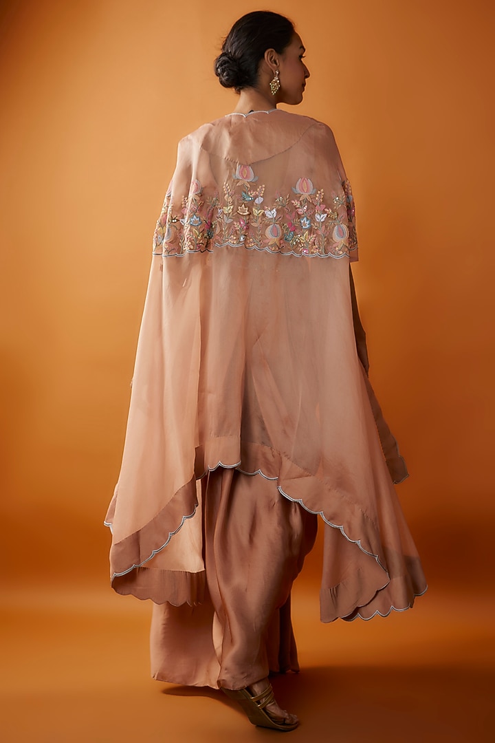 Dark Blush Pink Satin & Organza Hand Embroidered Cape Set by Ojasvini at Pernia's Pop Up Shop