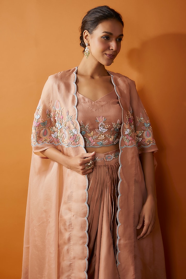 Dark Blush Pink Satin & Organza Hand Embroidered Cape Set by Ojasvini at Pernia's Pop Up Shop