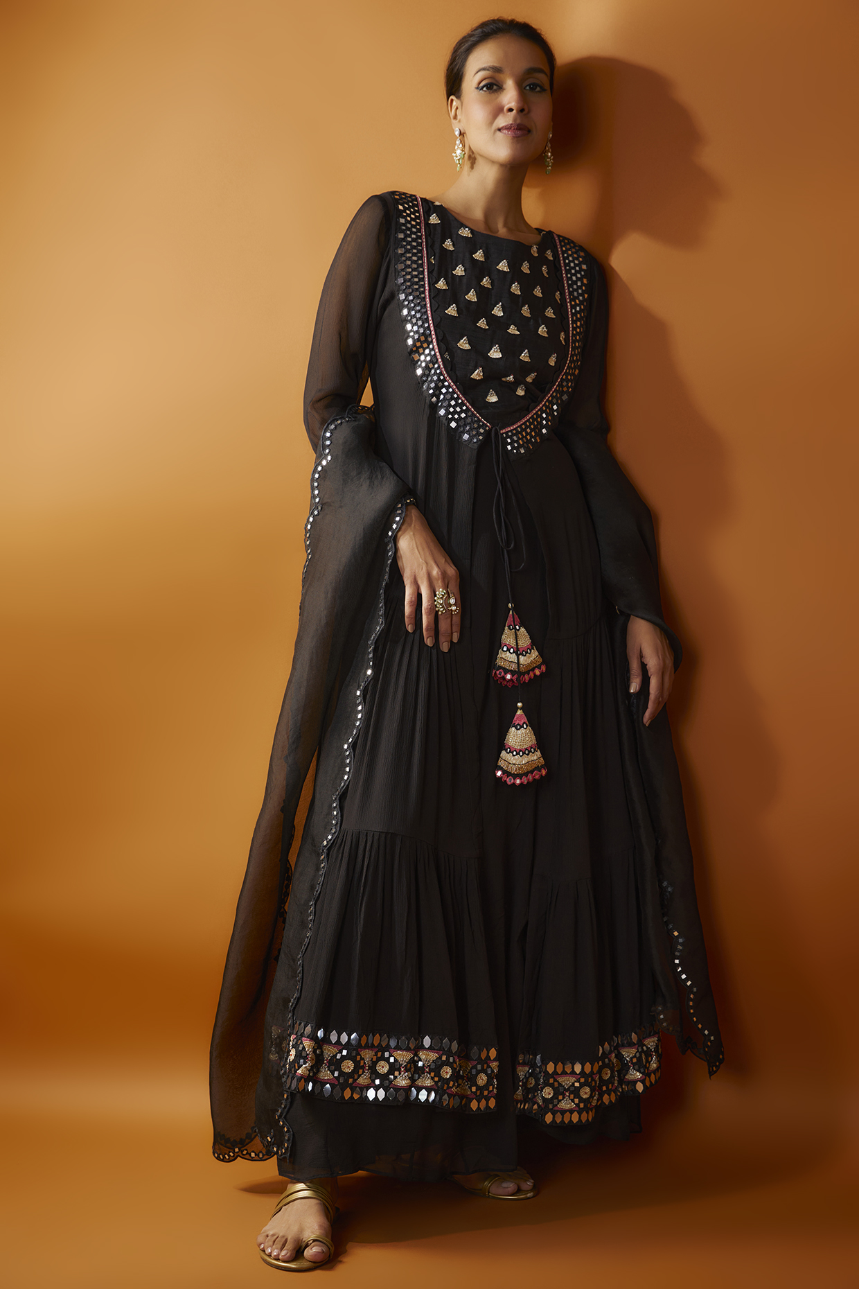 Black Chiffon Mirror & Gota Work Anarkali Set by Ojasvini at Pernia's Pop Up Shop