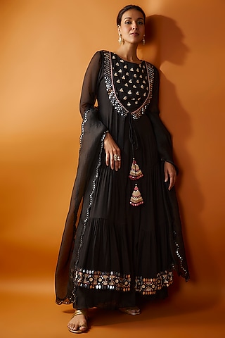 Black Chiffon Mirror & Gota Work Anarkali Set by Ojasvini