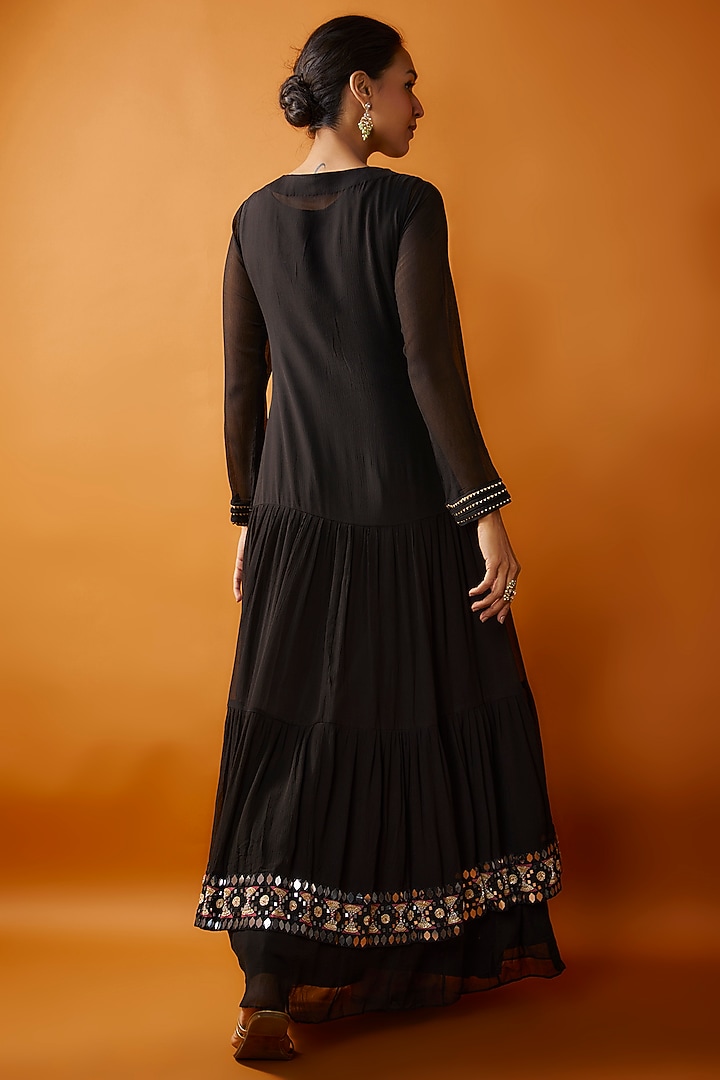 Black Chiffon Mirror & Gota Work Wedding Anarkali Set by Ojasvini at Pernia's Pop Up Shop