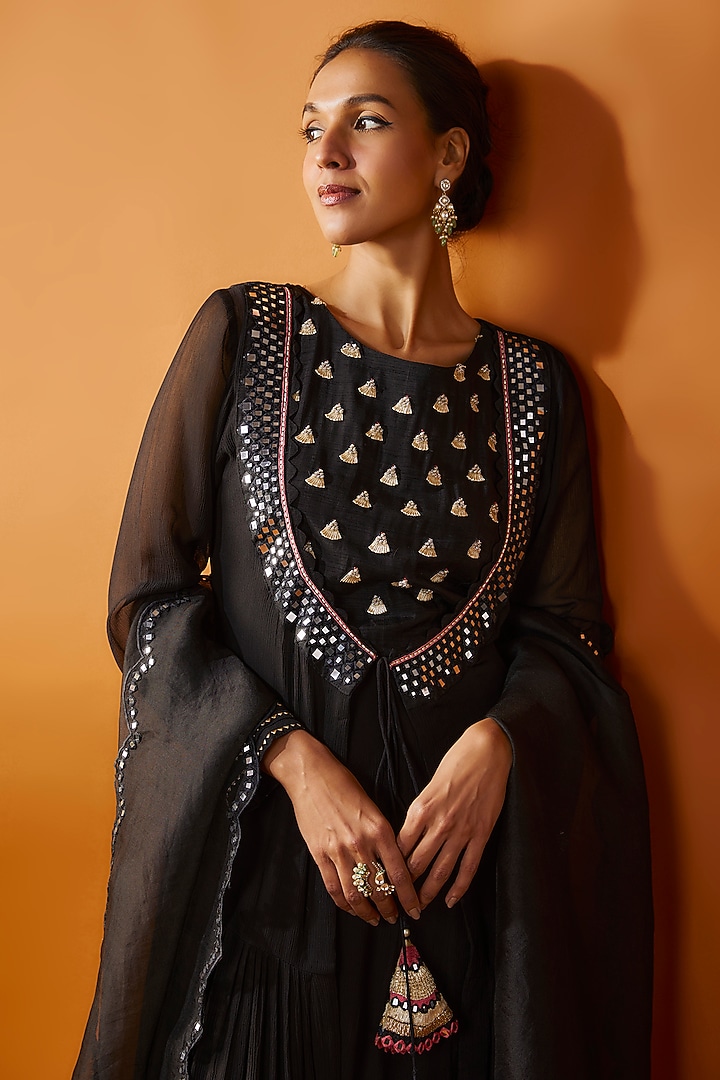 Black Chiffon Mirror & Gota Work Wedding Anarkali Set by Ojasvini at Pernia's Pop Up Shop