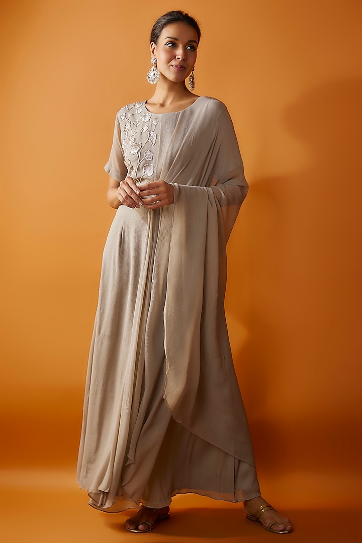 Grey Chiffon Hand Embroidered Draped Gown by Ojasvini