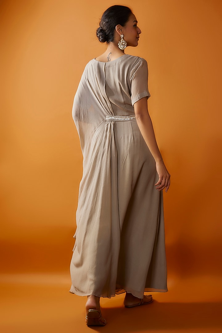 Grey Chiffon Hand Embroidered Draped Party Wear Gown by Ojasvini at Pernia's Pop Up Shop