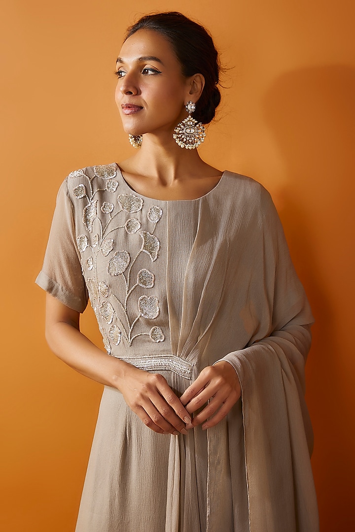 Grey Chiffon Hand Embroidered Draped Party Wear Gown by Ojasvini at Pernia's Pop Up Shop