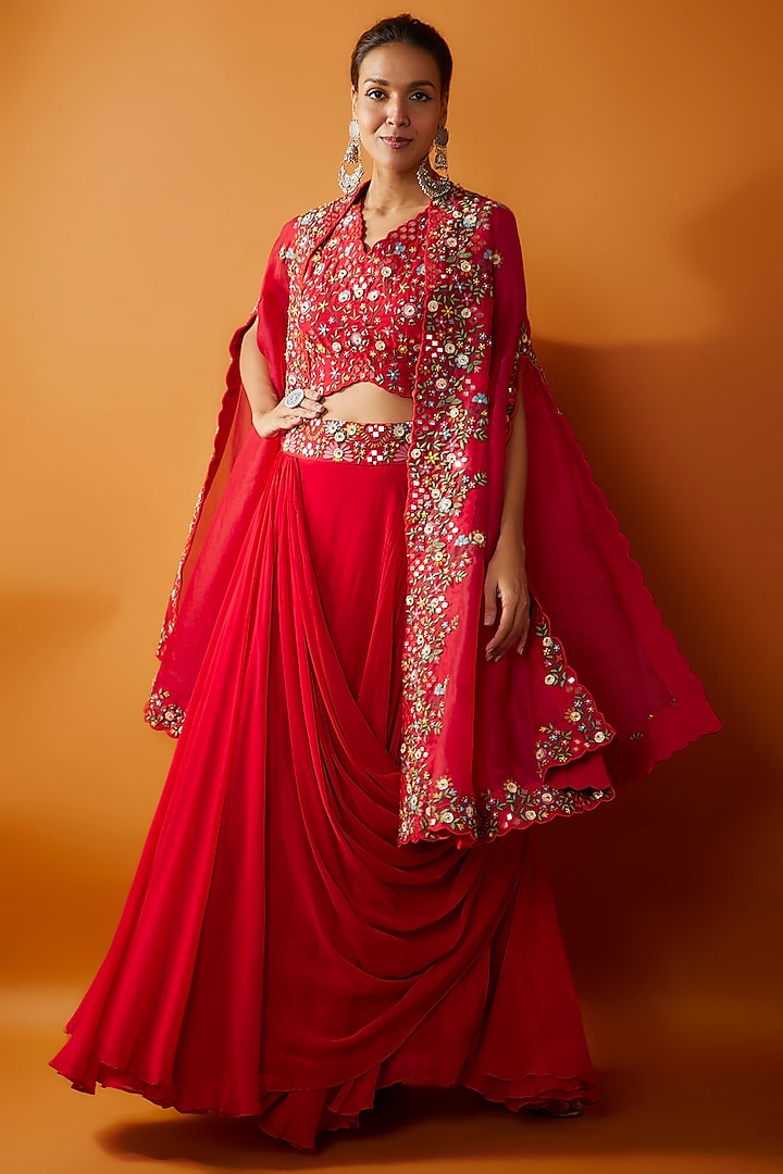 Red Georgette Embroidered Jacket Wedding Lehenga Set by Ojasvini at Pernia's Pop Up Shop