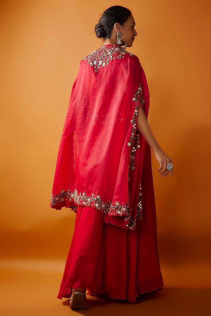 Red Georgette Embroidered Jacket Wedding Lehenga Set by Ojasvini at Pernia's Pop Up Shop