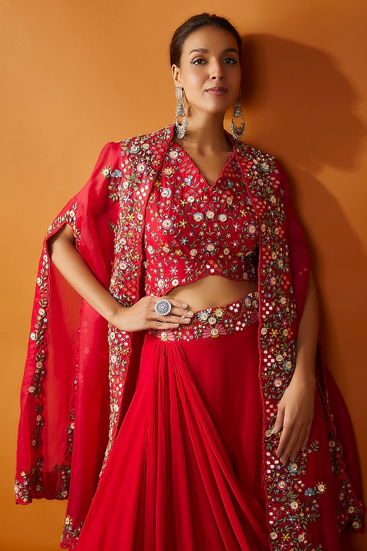 Red Georgette Embroidered Jacket Wedding Lehenga Set by Ojasvini at Pernia's Pop Up Shop