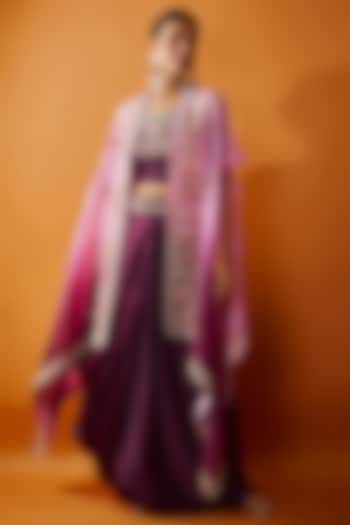 Purple Satin Modal & Silk Hand Embroidered Ombre Cape Set by Ojasvini at Pernia's Pop Up Shop