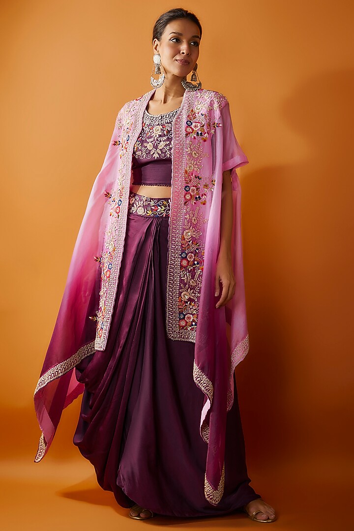 Purple Satin Modal & Silk Hand Embroidered Ombre Cape Set by Ojasvini at Pernia's Pop Up Shop