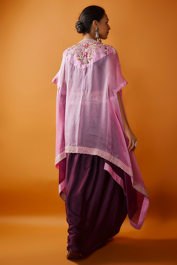 Purple Satin Modal & Silk Hand Embroidered Ombre Cape Set by Ojasvini at Pernia's Pop Up Shop