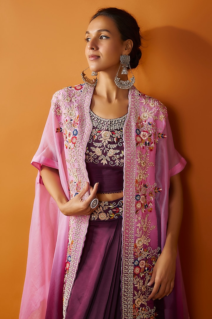Purple Satin Modal & Silk Hand Embroidered Ombre Cape Set by Ojasvini at Pernia's Pop Up Shop