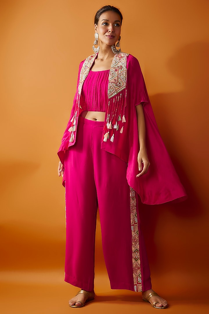 Rani Pink Georgette Hand Embroidered Cape Set by Ojasvini at Pernia's Pop Up Shop
