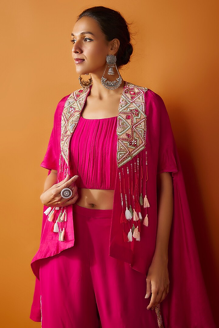 Rani Pink Georgette Hand Embroidered Cape Set by Ojasvini at Pernia's Pop Up Shop