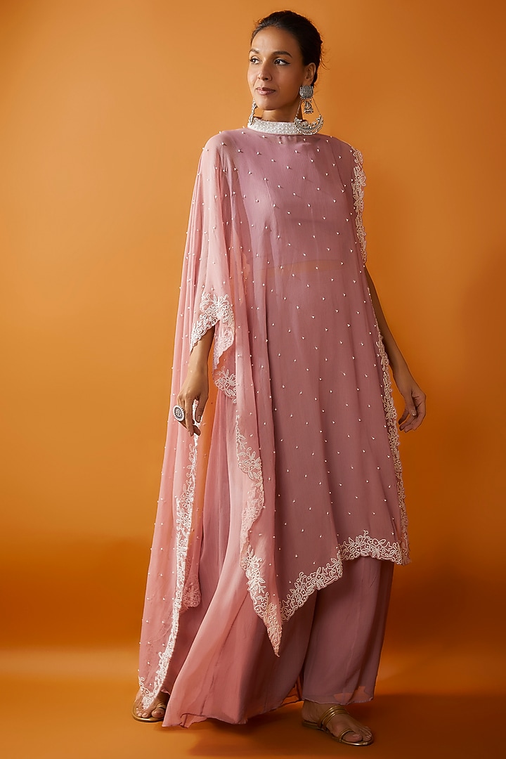 Pink Chiffon Embroidered Cape Set by Ojasvini at Pernia's Pop Up Shop