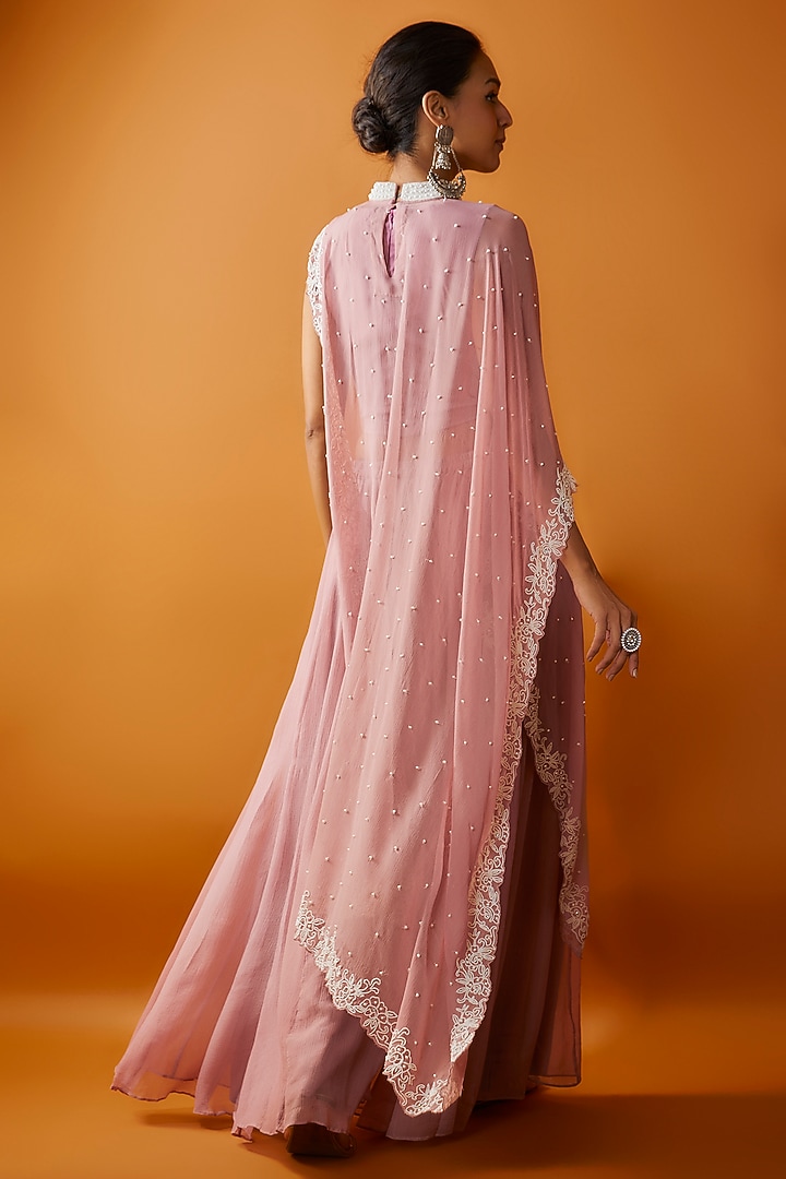 Pink Chiffon Embroidered Cape Set by Ojasvini at Pernia's Pop Up Shop