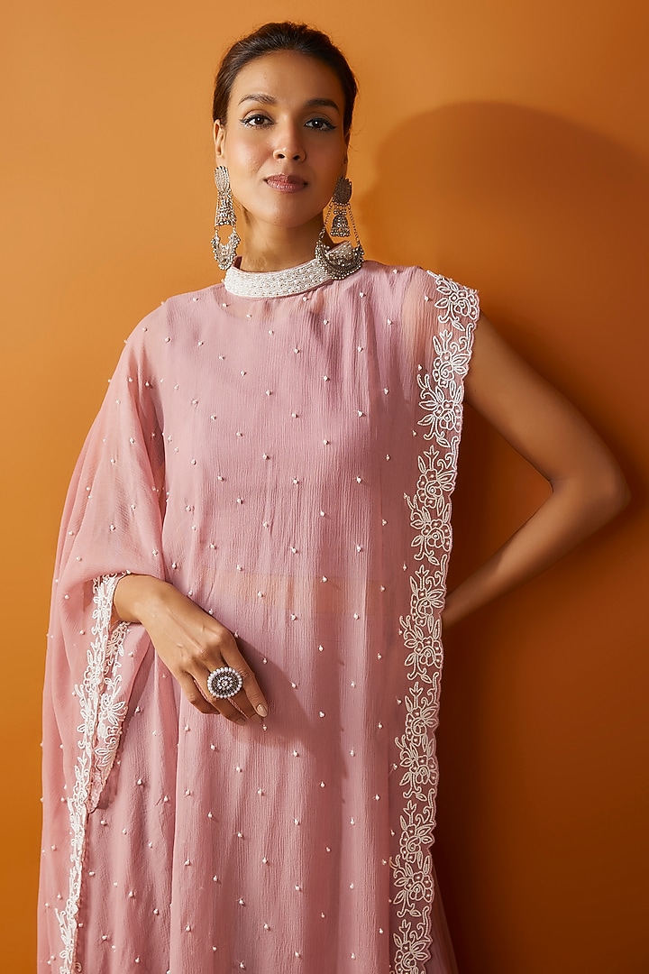 Pink Chiffon Embroidered Cape Set by Ojasvini at Pernia's Pop Up Shop