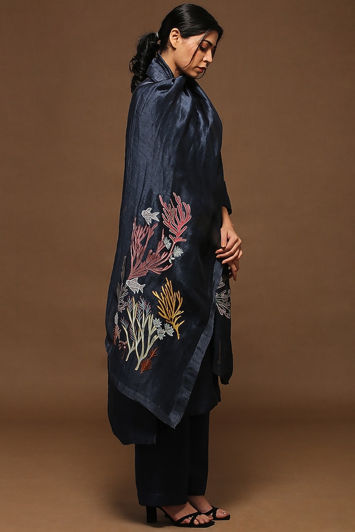 Midnight Blue Textured Linen Pant Set by OJA at Pernia's Pop Up Shop