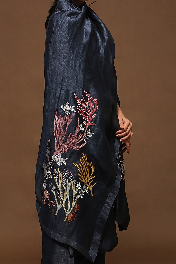 Midnight Blue Textured Linen Pant Set by OJA at Pernia's Pop Up Shop
