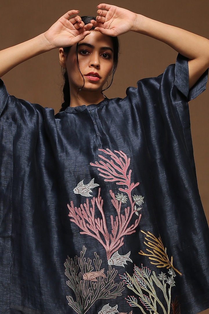 Midnight Blue Embroidered Kaftan Set by OJA at Pernia's Pop Up Shop