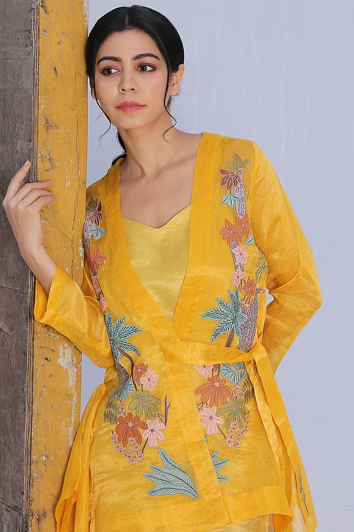 Yellow Embroidered Jacket Set by OJA at Pernia's Pop Up Shop