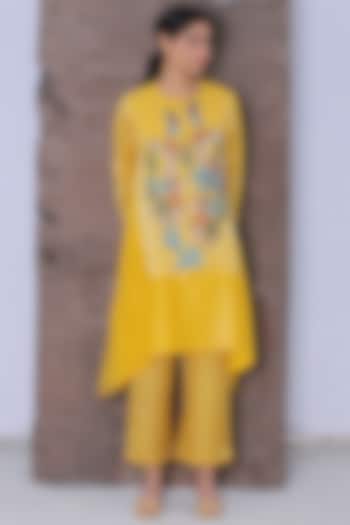 Yellow Embroidered A-Line Kurta Set by OJA