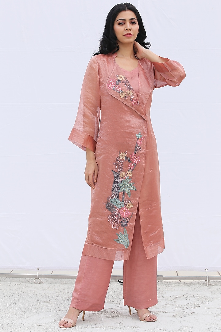 Dusty Pink Embroidered Long Jacket Set by OJA
