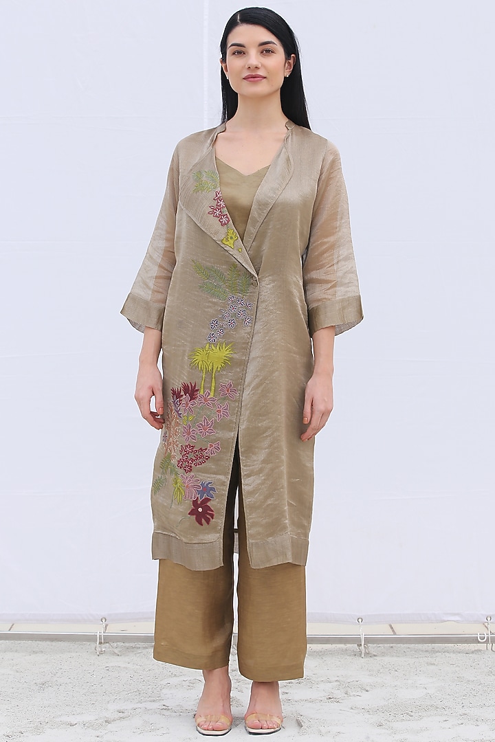 Ash Grey Embroidered Long Jacket Set by OJA at Pernia's Pop Up Shop
