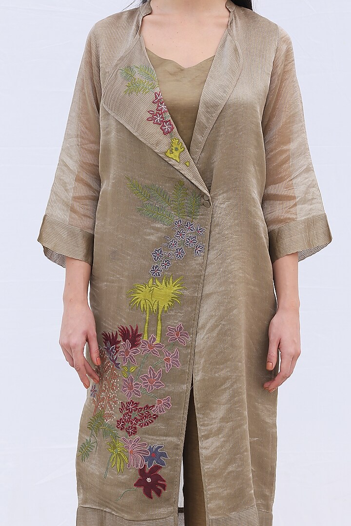 Ash Grey Embroidered Long Jacket Set by OJA at Pernia's Pop Up Shop