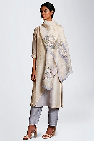 Off White & Grey Embroidered Kurta Set by OJA