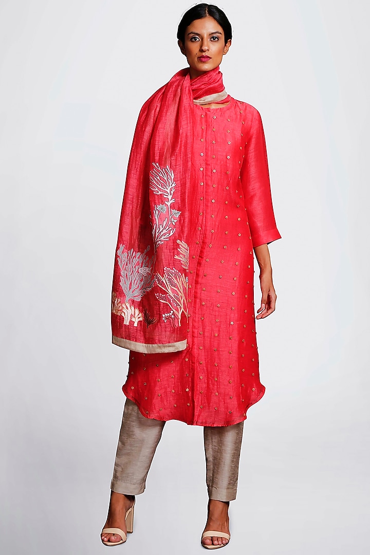 Scarlet Red Embroidered Kurta Set by OJA