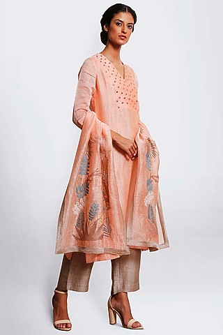 Peach & Beige Embroidered Kurta Set by OJA