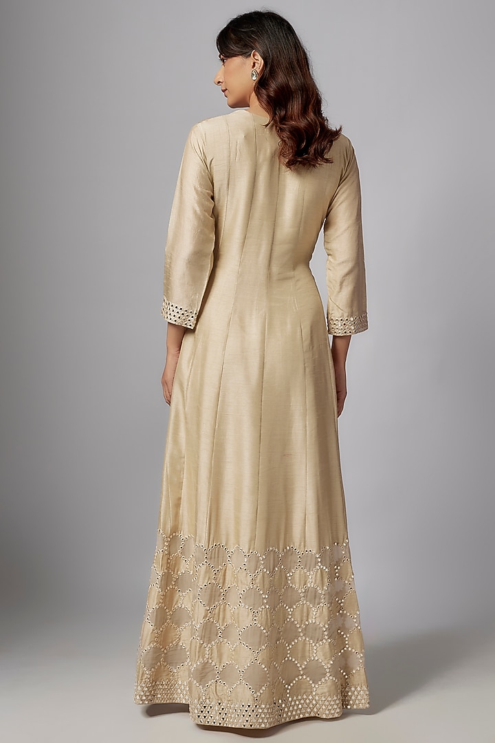 Ivory Silk & Organza Mirror Work Wedding Anarkali Set by Ojasvini at Pernia's Pop Up Shop