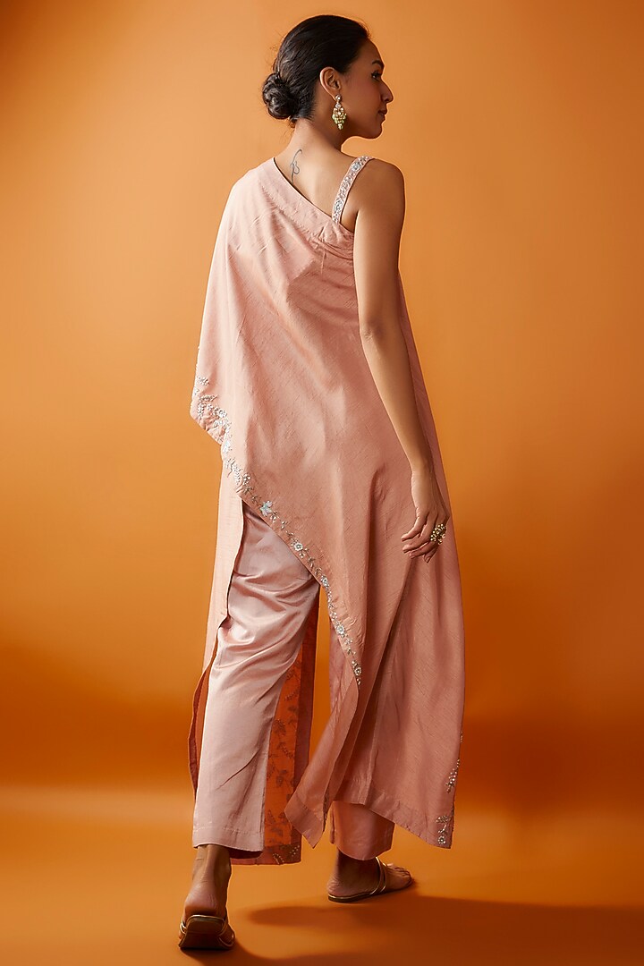 Pink Satin Lycra Hand Embroidered One-Shoulder Cape Set by Ojasvini at Pernia's Pop Up Shop