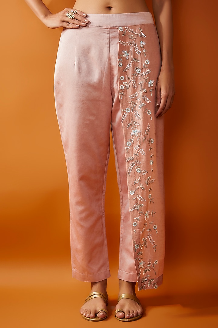 Pink Satin Lycra Hand Embroidered One-Shoulder Cape Set by Ojasvini at Pernia's Pop Up Shop