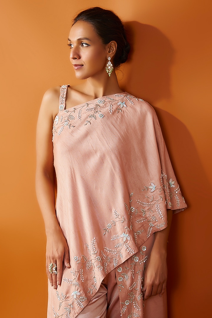 Pink Satin Lycra Hand Embroidered One-Shoulder Cape Set by Ojasvini at Pernia's Pop Up Shop