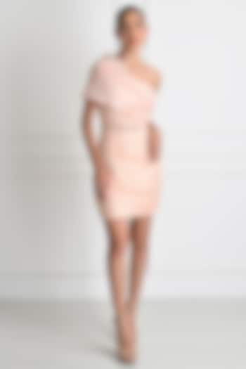 Peach Crushed Organza Draped Mini Dress by One Knot One at Pernia's Pop Up Shop