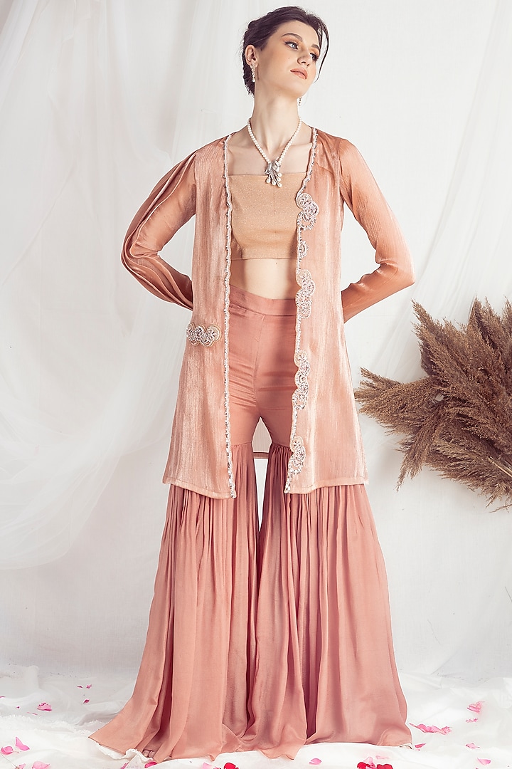 Rust Organza Hand Embroidered Cape Set by One Knot One