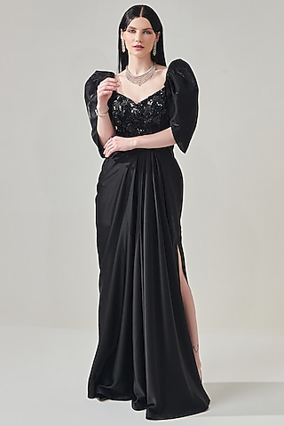 Black Textured Duchess Satin Embellished Draped Gown by One Knot One By Ashna