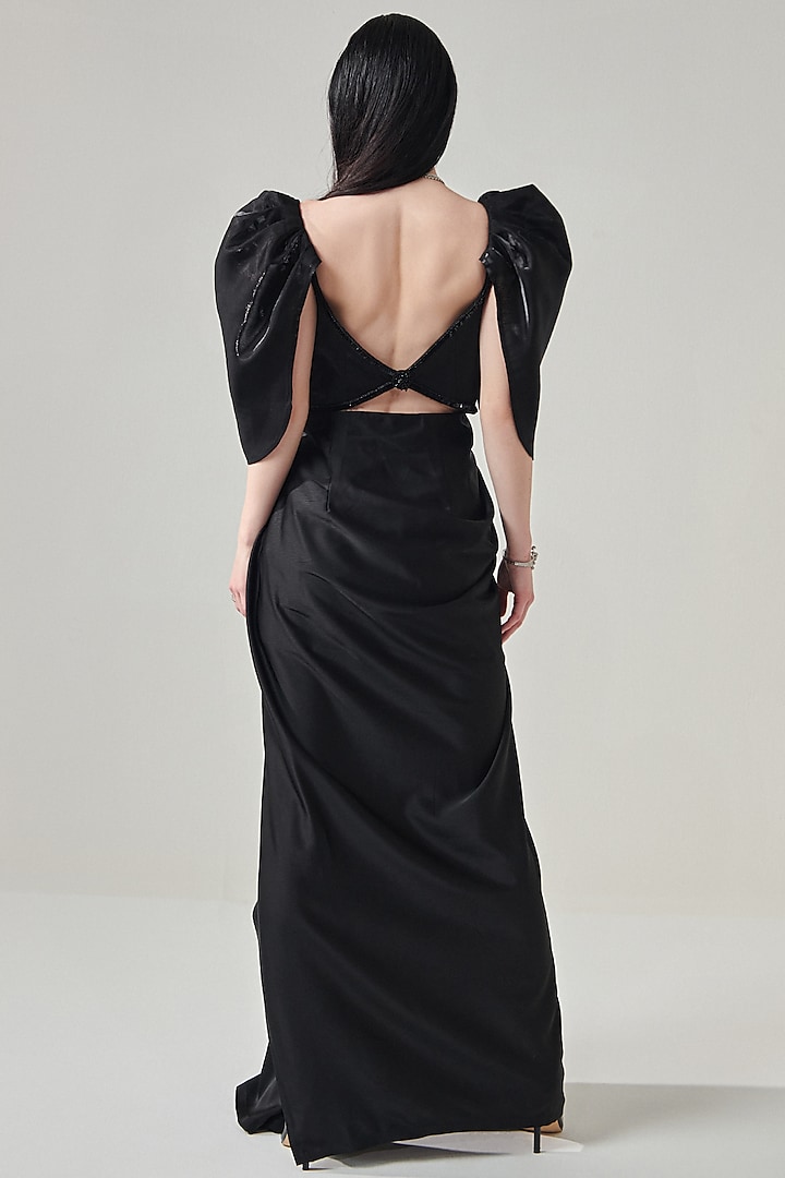 Black Textured Duchess Satin Embellished Draped Engagement Gown by One Knot One By Ashna at Pernia's Pop Up Shop