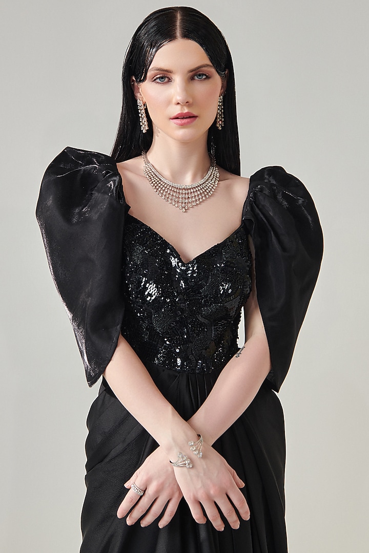 Black Textured Duchess Satin Embellished Draped Engagement Gown by One Knot One By Ashna at Pernia's Pop Up Shop