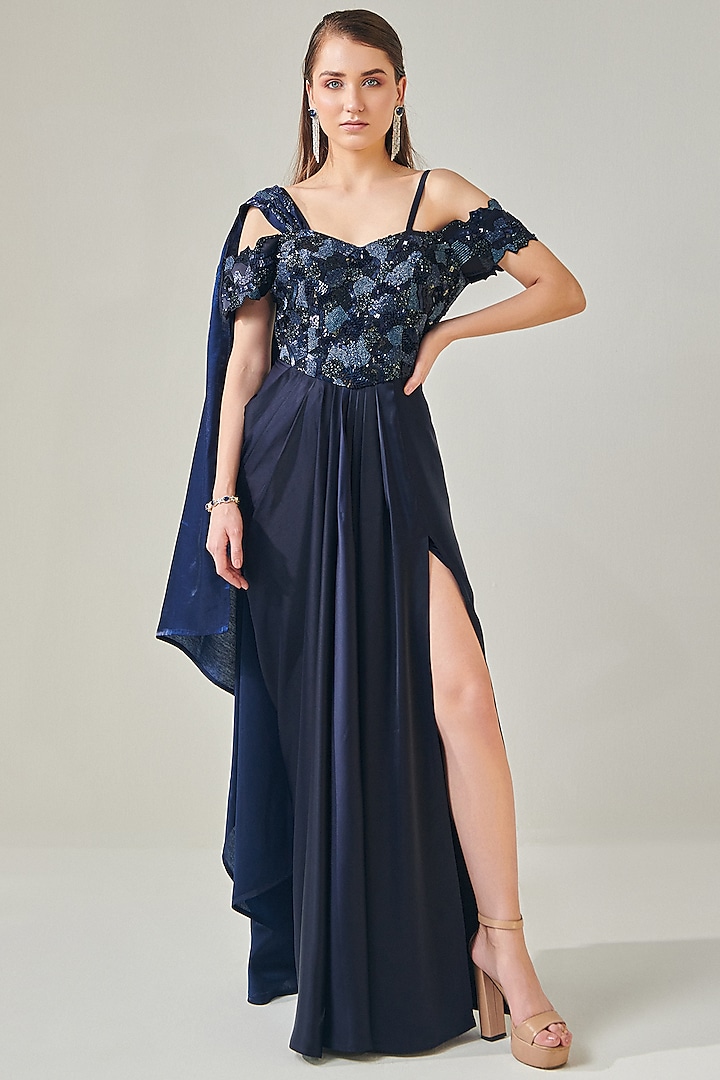 Midnight Blue Duchess Satin Off-Shoulder Draped Gown by One Knot One