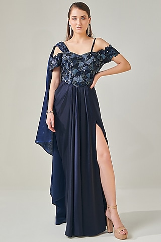 Midnight Blue Duchess Satin Off-Shoulder Draped Gown by One Knot One By Ashna