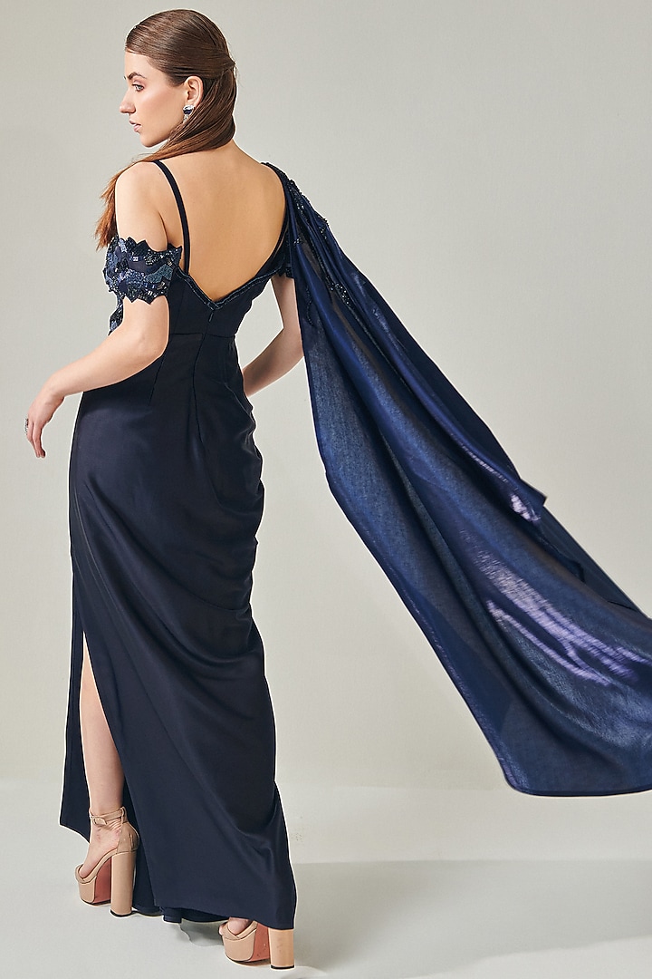 Midnight Blue Duchess Satin Off-Shoulder Draped Engagement Gown by One Knot One By Ashna at Pernia's Pop Up Shop
